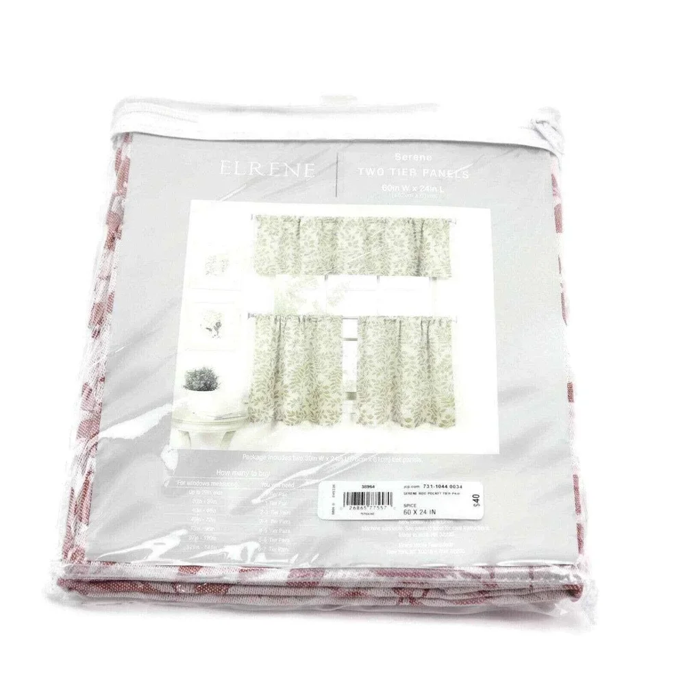 Elrene Serene Tier Curtains 24 Inch Spice Red Leaf Rod Pocket 60x24 Cotton Linen